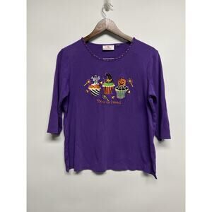 QUACKER Factory Purple Halloween Rhinestones Trick or Sweet Medium Top Ghost